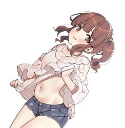 Rule 34 | 1girl, aa211108, blue shorts, blush, bra, bra peek, breasts, brown eyes, brown hair, clothes lift, commentary, denim, denim shorts, dot nose, dutch angle, idolmaster, idolmaster cinderella girls, lace, lace-trimmed shirt, lace trim, lifted by self, long sleeves, looking at viewer, medium hair, navel, ogata chieri, parted lips, pink bra, pink shirt, shirt, shirt lift, short shorts, shorts, sidelocks, small breasts, solo, stomach, thighs, twintails, underwear, white background, white hair, wide sleeves