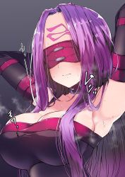 Rule 34 | 1girl, absurdres, armpits, arms behind head, arms up, black gloves, blindfold, blush, breasts, cleavage, collar, commentary request, elbow gloves, facial mark, fate/grand order, fate (series), forehead, forehead mark, gloves, hair intakes, highres, kobo (cobo 0609), large breasts, long hair, medusa (fate), medusa (rider) (fate), purple hair, smell, solo, sweat, translation request