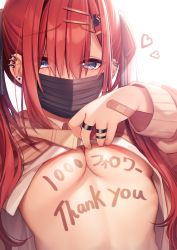Rule 34 | absurdres, arm up, bandaid, bandaid on hand, blue eyes, blush, body writing, breasts, cat hair ornament, clothes lift, earmuffs, hair between eyes, hair ornament, hairclip, heart, highres, jewelry, lifting own clothes, long hair, long sleeves, looking at viewer, looking back, mask, medium breasts, mouth mask, multiple rings, nanafuton, no bra, original, red hair, ring, shirt, shirt lift, simple background, solo, twintails, underboob, upper body, white background, white shirt, writing on breasts