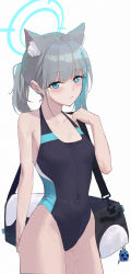 Rule 34 | 1girl, absurdres, animal ear fluff, animal ears, arm behind back, bag, bare arms, bare shoulders, black one-piece swimsuit, blue archive, blue eyes, blush, braid, breasts, cat ears, collarbone, competition school swimsuit, cross, duffel bag, grey hair, hair ornament, halo, highleg, highleg swimsuit, highres, inverted cross, li-mi, long hair, looking at viewer, one-piece swimsuit, parted lips, school swimsuit, shiroko (blue archive), shiroko (swimsuit) (blue archive), simple background, small breasts, solo, standing, sweat, swimsuit, thighs