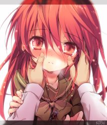 Rule 34 | 1boy, 1girl, alastor (shakugan no shana), blush, breath, hands on another&#039;s cheeks, hands on another&#039;s face, jewelry, kotsu, long hair, long sleeves, looking at viewer, out of frame, pendant, pov, pov hands, red eyes, red hair, school uniform, serafuku, shakugan no shana, shana, solo focus, sparkle
