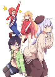 Rule 34 | &gt; &lt;, 10s, 4girls, :3, :d, :o, aran sweater, arm up, barefoot, beret, between legs, blonde hair, blush, blush stickers, cable knit, casual, clenched hands, closed eyes, clothes writing, commentary request, cross hair ornament, gabriel dropout, gabriel tenma white, hair ornament, hairclip, hand between legs, hands in pockets, hat, highres, jacket, jpeg artifacts, light purple hair, long hair, multiple girls, no pants, open mouth, overalls, pantyhose, pantyhose under shorts, purple eyes, raphiel shiraha ainsworth, red hair, sash, satanichia kurumizawa mcdowell, shorts, simple background, smile, sweater, track jacket, turtleneck, ukami, very long hair, vignette tsukinose april, white background, x hair ornament, yellow eyes