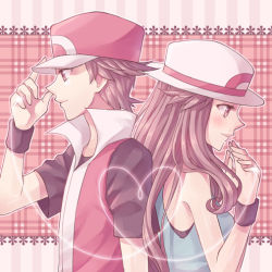 Rule 34 | 1boy, 1girl, blue shirt, blush, brown eyes, brown hair, closed mouth, commentary request, creatures (company), from side, game freak, hand up, hat, heart, hetero, leaf (pokemon), long hair, nintendo, pokemon, pokemon frlg, red (pokemon), red headwear, scbstella, shirt, short hair, short sleeves, sleeveless, sleeveless jacket, sleeveless shirt, smile, t-shirt, upper body, white headwear, wristband
