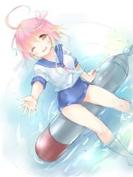 Rule 34 | 10s, 1girl, ahoge, hair ornament, i-58 (kancolle), kantai collection, looking at viewer, one eye closed, open mouth, pink hair, school swimsuit, school uniform, serafuku, short hair, solo, submarine, swimsuit, swimsuit under clothes, torpedo, type 95 torpedo, wataame27, watercraft