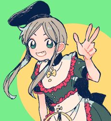 Rule 34 | 1girl, apron, back bow, black bow, black hat, blue hair, bow, buttons, colored inner hair, dress, frills, green background, green dress, green eyes, grey hair, hand up, hat, itomugi-kun, looking at viewer, mandarin collar, multicolored background, multicolored hair, puffy short sleeves, puffy sleeves, short hair with long locks, short sleeves, sidelocks, smile, solo, standing, teeth, teireida mai, touhou, w, white apron, yellow background, yellow bow