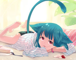 Rule 34 | 1girl, animal ears, barefoot, bracelet, cake, cake slice, cat ears, cat tail, feet, food, food on face, fork, fruit, indoors, jewelry, leaf, legs up, licking lips, long hair, long sleeves, looking at viewer, lying, no pants, on floor, on stomach, original, panties, plate, shirt, soles, solo, sou (tuhut), strawberry, striped clothes, striped pillow, striped shirt, tail, the pose, tongue, tongue out, underwear