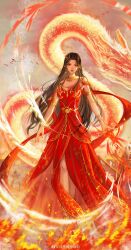 Rule 34 | 1girl, absurdres, armlet, artist request, bare legs, black hair, bracelet, cai lin (doupo cangqiong), closed mouth, doupo cangqiong, dragon, dress, expressionless, fire, full body, hair ornament, highres, jewelry, long hair, looking at viewer, necklace, red dress, red eyes, second-party source, solo