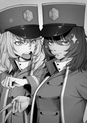 Rule 34 | 2girls, absurdres, andou (girls und panzer), anger vein, bc freedom military uniform, buchisakana, commentary request, girls und panzer, greyscale, hat, highres, jacket, long hair, long sleeves, looking at another, looking at viewer, monochrome, multiple girls, open clothes, open jacket, open mouth, oshida (girls und panzer), shirt, smile, sparkle, upper body, v