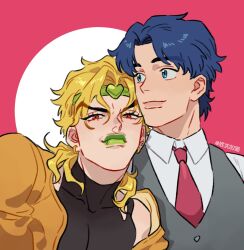 Rule 34 | 2boys, black leotard, blonde hair, blue eyes, blue hair, closed mouth, dio brando, earrings, fangs, green lips, headband, highres, honlo, jacket, jewelry, jojo no kimyou na bouken, jonathan joestar, leotard, lipstick, long hair, long sleeves, looking at viewer, looking to the side, makeup, male focus, mixed-language commentary, multiple boys, necktie, puckered lips, red eyes, red necktie, shirt, smile, stardust crusaders, two-tone background, vampire, vest, white shirt, yaoi, yellow jacket
