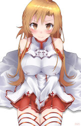 Rule 34 | 1girl, absurdres, asuna (sao), blush, breasts, brown eyes, brown hair, closed mouth, collarbone, highres, large breasts, long hair, looking at viewer, rachel bouvier, red skirt, skirt, solo, sword art online