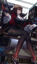 Rule 34 | 1girl, animal ears, arknights, arm up, belt, black footwear, black necktie, black pantyhose, black skirt, black vest, blurry, breasts, brown hair, brown pantyhose, calder, cat, cat ears, coat, commentary request, curvy, depth of field, dutch angle, earrings, envelope, highres, holding, holding envelope, holding pen, indoors, jewelry, large breasts, long hair, looking to the side, necktie, open clothes, open coat, orange eyes, pantyhose, pen, pleated skirt, red coat, shelf, shirt, single earring, sitting, skirt, skyfire (arknights), smile, solo, stairs, striped clothes, striped necktie, striped neckwear, thighband pantyhose, vertical-striped clothes, vertical-striped necktie, very long hair, vest, white shirt, wide sleeves