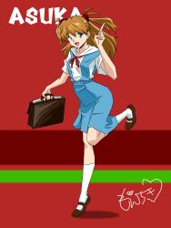Rule 34 | 1girl, artist request, ass, bag, breasts, brown hair, character name, cowboy shot, full body, hair between eyes, hair ornament, highres, holding, holding bag, index fingers raised, interface headset, jumping, long hair, looking at viewer, moechiki, neon genesis evangelion, open mouth, red background, school bag, school uniform, simple background, skirt, small breasts, smile, solo, souryuu asuka langley, standing, suspender skirt, suspenders, tokyo-3 middle school uniform, twintails, two side up, very long hair