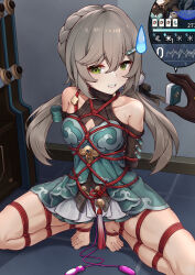 Rule 34 | 1girl, 1other, arms behind back, bare shoulders, barefoot, bdsm, black gloves, black shirt, bondage, bound, bound legs, breasts, cleavage, commentary request, dress, gloves, green dress, green eyes, grey hair, hair ornament, hairclip, highres, holding, honkai: star rail, honkai (series), indoors, low twintails, mahjong, mahjong tile, qingque (honkai: star rail), rope, shibari, shirt, small breasts, solo focus, sweatdrop, thighs, twintails, yiduan zhu