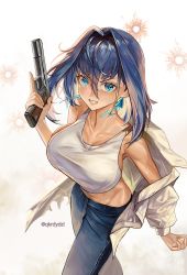 Rule 34 | 1girl, blue eyes, blue hair, bow, bow earrings, breasts, bullet hole, denim, earrings, gun, hair intakes, handgun, highres, holding, holding gun, holding weapon, hololive, hololive english, jeans, jewelry, open clothes, open shirt, ouro kronii, pants, santafe99, short hair, sideboob, solo, sports bra, virtual youtuber, weapon