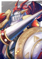 Rule 34 | 1boy, absurdres, armor, arupg, border, digimon, digimon (creature), dukemon, grey background, highres, holding, holding polearm, holding shield, holding weapon, knight, lance, polearm, red armor, shield, shoulder armor, solo, weapon, white armor, white border, white helmet, yellow eyes