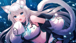 Rule 34 | 1girl, 60mai, fuura yuri, animal ear fluff, animal ears, aqua bow, aqua bowtie, blue eyes, blush, bow, bowtie, breasts, circuit board, collar, commentary, commission, detached sleeves, embarrassed, indie virtual youtuber, jacket, leaning forward, leopard ears, leopard girl, leopard tail, long hair, looking at viewer, medium breasts, navel, open mouth, shorts, skeb commission, sleeves past fingers, sleeves past wrists, tail, tank top, unzipped, upper body, very long hair, virtual youtuber, white hair, white jacket, white shorts, white sleeves, white tank top