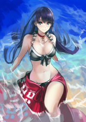 Rule 34 | 1girl, bare shoulders, beach, bikini, black bikini, blue eyes, blush, breasts, choker, cleavage, closed mouth, collarbone, cross, cross choker, djawnsgtlr, earrings, fate/grand order, fate (series), frilled bikini, frills, highres, jewelry, large breasts, leaning back, long hair, looking at viewer, martha (fate), martha (swimsuit ruler) (fate), martha (swimsuit ruler) (first ascension) (fate), navel, purple hair, sarong, smile, straight hair, swimsuit, thighs