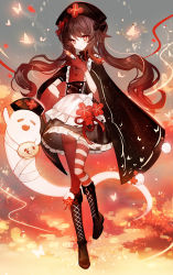 Rule 34 | 1girl, alternate costume, apron, bandages, black bow, black cape, black dress, black footwear, black hat, blush, boo tao (genshin impact), boots, bow, brown hair, bug, butterfly, cape, choker, closed mouth, colored tips, commentary, cross, cross-laced footwear, dress, floating hair, flower, flower-shaped pupils, frilled apron, frilled choker, frilled dress, frills, full body, genshin impact, gloves, gradient background, gradient hair, hair between eyes, hair bow, halloween costume, hand on own hip, hand up, hat, hat flower, highres, holding, holding syringe, holding tray, hu tao (genshin impact), insect, juexing (moemoe3345), knee boots, long hair, looking at viewer, multicolored hair, nurse cap, orange background, pantyhose, pill, plum blossoms, pom pom (clothes), red eyes, red flower, red gloves, red hair, red pantyhose, red thighhighs, short sleeves, single leg pantyhose, single thighhigh, slim legs, smile, solo, striped clothes, striped thighhighs, symbol-shaped pupils, syringe, thighhighs, tray, twintails, two-tone hair, white bow, zettai ryouiki