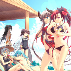 Rule 34 | 6+girls, ass, backless swimsuit, bare legs, bikini, black bikini, black bow, black hair, black one-piece swimsuit, blue eyes, blue hair, blue sky, bow, breasts, brown eyes, brown hair, casual one-piece swimsuit, character name, character request, closed eyes, closed mouth, clothing cutout, collarbone, completely nude, cup, day, flower, food, hair bow, hair flower, hair ornament, hands on own hips, hanty kalar, hat, hibiscus, highres, holding, holding cup, horns, kalar (race), lab coat, large breasts, long hair, lying, midriff, multiple girls, name tag, navel, navel cutout, nude, on stomach, one-piece swimsuit, outdoors, pointy ears, ponytail, popsicle, rance (series), rance 10, red bikini, red eyes, red flower, red hair, school swimsuit, sideboob, silver hair, sky, smile, stomach, straw hat, summer, sun hat, swimsuit, twintails, untied bikini, very long hair, watermelon bar, yellow eyes, yellow one-piece swimsuit, yisorock