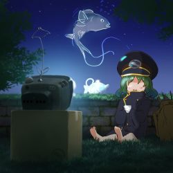 Rule 34 | 1girl, :d, backpack, bag, barefoot, blue sky, box, cardboard box, character request, coat, commentary request, fish, flying sweatdrops, grass, green hair, hat, keifuku-san, long sleeves, night, night sky, open mouth, outdoors, peaked cap, sitting, sky, sleeves past fingers, sleeves past wrists, smile, solo, star (sky), starry sky, tatsuki (irodori), television, unworn backpack, unworn bag