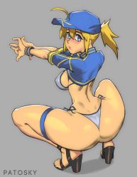 Rule 34 | 1girl, ahoge, artoria pendragon (fate), ass, baseball cap, bikini, black footwear, blonde hair, blue eyes, breasts, breasts out, commentary, covered erect nipples, dimples of venus, english commentary, fate/grand order, fate (series), from behind, full body, hair through headwear, hat, high heels, highres, huge ahoge, light smile, looking back, medium breasts, medium hair, mysterious heroine x (fate), mysterious heroine xx (fate), narrow waist, patosky, ponytail, short ponytail, shrug (clothing), side-tie bikini bottom, sideboob, silver bikini, solo, spread legs, squatting, swimsuit, thigh strap, thighs, thong bikini, toeless footwear, turning head, wide hips, wristband