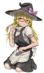 Rule 34 | 1girl, absurdres, apron, black footwear, black hat, blonde hair, blush, bow, braid, commentary request, cookie (touhou), full body, glasses, hair bow, hakonnbo, hat, hat bow, highres, kirisame marisa, kneeling, long hair, puffy short sleeves, puffy sleeves, purple bow, shirt, short sleeves, side braid, single braid, solo, sweat, touhou, transparent background, uzuki (cookie), waist apron, white shirt, witch hat, yellow eyes