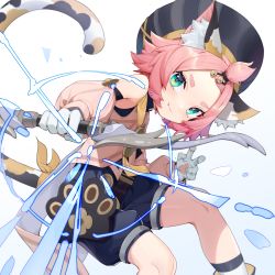 Rule 34 | 1girl, absurdres, animal ear fluff, animal ears, animal hands, bare shoulders, bell, bow (weapon), cabbie hat, cat ears, cat tail, crossbow, detached sleeves, diona (genshin impact), fang, genshin impact, gloves, green eyes, guangsupaomian, hat, highres, holding, holding weapon, jingle bell, long sleeves, looking at viewer, paw gloves, paw print, pink hair, short hair, shorts, smile, solo, tail, weapon