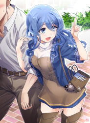 Rule 34 | 1boy, 1girl, admiral (kancolle), animal, arm up, bag, belt, blue eyes, blue hair, blue skirt, blush, boots, breasts, commentary request, day, dress, artistic error, gloves, gotland (kancolle), hair between eyes, handbag, holding, jacket, jewelry, kantai collection, long hair, long sleeves, looking away, medium breasts, mole, mole under eye, open mouth, outdoors, plant, ring, sheep, skirt, smile, sumeragi hamao, thigh boots, thighhighs, thighs, wavy hair, white gloves