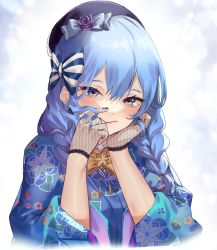 Rule 34 | 1girl, blue eyes, blue hair, blue kimono, blue nails, bow, braid, closed mouth, eredhen, fishnet gloves, fishnets, floral print, gloves, hair between eyes, hair bow, hair over shoulder, hand on own cheek, hand on own face, hat, highres, hololive, hoshimachi suisei, hoshimachi suisei (new year), japanese clothes, kimono, long hair, nail polish, print kimono, simple background, solo, star (symbol), star in eye, striped, striped bow, symbol in eye, twin braids, twintails, upper body, virtual youtuber, white background