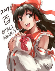 Rule 34 | 1girl, 2017, absurdres, akeome, bird, black eyes, black hair, bow, chicken, chinese zodiac, detached sleeves, hair bow, hair tubes, hakurei reimu, highres, long hair, new year, nontraditional miko, open mouth, sidelocks, signature, simple background, smile, solo, touhou, traditional media, upper body, white background, wide sleeves, yasaidon, year of the rooster