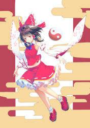 Rule 34 | 1girl, ascot, bare shoulders, black hair, blue ascot, blush, bow, breasts, closed mouth, cloud print, collared vest, detached sleeves, floral print, footwear bow, frilled bow, frilled hair tubes, frilled skirt, frills, full body, hair bow, hair tubes, hakurei reimu, happy, highres, kuma-ra, loafers, long sleeves, midriff, multicolored background, navel, red bow, red eyes, red footwear, red skirt, red vest, ribbon-trimmed legwear, ribbon-trimmed sleeves, ribbon trim, shoes, short hair, sidelocks, skirt, small breasts, smile, socks, solo, touhou, vest, white sleeves, wide sleeves