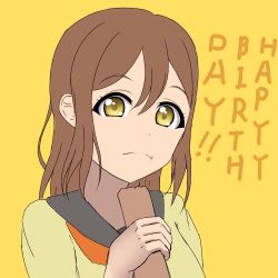 Rule 34 | 1girl, absurdres, artist name, artist request, blush, bow, bowtie, bread, breasts, brown eyes, brown hair, buttons, cardigan, collarbone, eating, eyebrows, female focus, food, grey sailor collar, hair between eyes, highres, holding, holding food, kunikida hanamaru, light brown hair, long hair, long sleeves, looking at viewer, love live!, love live! sunshine!!, orange bow, parted lips, sailor collar, school uniform, skirt, sleeves past wrists, smile, solo, sweater, upper body, uranohoshi school uniform, vest, yellow background, yellow cardigan, yellow eyes, yellow sweater