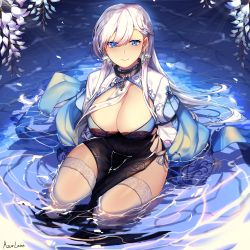 Rule 34 | 1girl, absurdres, alternate costume, azur lane, belfast (azur lane), belfast (iridescent rosa) (azur lane), belfast (iridescent rosa) (azur lane), black dress, blue eyes, blush, braid, breasts, chain, china dress, chinese clothes, cleavage, closed mouth, collar, collarbone, commentary request, dress, earrings, eyes visible through hair, french braid, hair between eyes, highres, jewelry, korean commentary, large breasts, long hair, long sleeves, looking at viewer, mendou kusai, panties, pelvic curtain, side-tie panties, side braid, side slit, sidelocks, silver hair, sitting, smile, solo, string panties, thighhighs, underwear, very long hair, water, water surface, white thighhighs