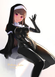 Rule 34 | 1girl, absurdres, alone belm, artist name, black bodysuit, bodysuit, brown hair, commentary request, habit, highres, latex, latex bodysuit, long hair, looking at viewer, medium hair, nun, original, purple eyes, shiny clothes, sitting, skin tight, smile, solo, white background