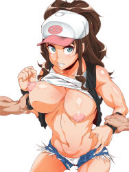 Rule 34 | 1girl, bare shoulders, baseball cap, black vest, blue eyes, blue shorts, blush, bow, bow panties, breasts, brown hair, cameltoe, clenched teeth, clothes lift, collarbone, cowboy shot, creatures (company), disembodied limb, female focus, game freak, hand up, hat, highres, hilda (pokemon), holding another&#039;s wrist, ko1444, large breasts, looking at viewer, micro shorts, muscular, muscular female, navel, nintendo, nipples, no bra, open fly, panties, poke ball theme, pokemon, pokemon bw, ponytail, puffy nipples, restrained, shiny skin, shirt, shirt lift, short shorts, shorts, simple background, sleeveless, sleeveless shirt, solo, standing, sweat, sweatband, teeth, textless version, torn clothes, torn shorts, underwear, vest, white background, white hat, white panties, white shirt