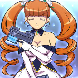 Rule 34 | 1girl, aq interactive, arcana heart, arcana heart 2, atlus, bare shoulders, breasts, cleavage, detached sleeves, dress, drill hair, dual wielding, earrings, examu, closed eyes, gun, hairu, handgun, hands on own hips, holding, jewelry, large breasts, long hair, lowres, orange hair, petra johanna lagerkvist, pistol, solo, twin drills, twintails, weapon