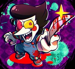 Rule 34 | black hair, blood, blue pants, child&#039;s play, chucky, crossover, deltarune, glasses, knife, pants, purple background, red footwear, shirt, spamton g. spamton, striped clothes, striped shirt, undertale, wanabougu