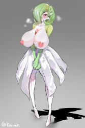 Rule 34 | 1girl, absurdres, artist name, blush, bob cut, breasts, breath, collarbone, colored skin, creatures (company), female focus, full body, game freak, gardevoir, gen 3 pokemon, gradient background, green hair, green skin, grey background, hair over one eye, heart, heart-shaped pupils, highres, huge breasts, kantan, looking away, looking to the side, messy hair, multicolored skin, nintendo, nipples, one eye covered, open mouth, own hands together, pokemon, pokemon (creature), red eyes, shiny skin, short hair, shy, signature, simple background, solo, standing, symbol-shaped pupils, twitter username, two-tone skin, v arms, white skin