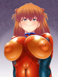 Rule 34 | 1girl, :&gt;, alternate breast size, blue eyes, bodysuit, breasts, covered erect nipples, huge breasts, impossible clothes, long hair, looking at viewer, naughty face, neon genesis evangelion, orange hair, pixiv1478062, plugsuit, puffy nipples, red bodysuit, shiny clothes, skin tight, smile, smug, solo, souryuu asuka langley