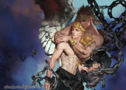 Rule 34 | 2boys, abs, angel wings, arm around neck, arrow (jojo), arrow (projectile), bad id, bad tumblr id, blonde hair, blue eyes, broken, broken chain, chain, dio brando, father and son, giorno giovanna, gradient background, headband, jojo no kimyou na bouken, krabat, manly, multiple boys, muscular, official alternate costume, realistic, red eyes, scar, topless male, vento aureo, watermark, web address, wings, wrist cuffs
