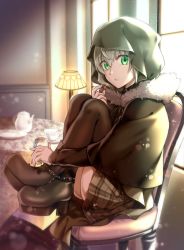 Rule 34 | 1girl, candy, chair, cup, fate (series), food, gray (fate), green eyes, grey hair, hood, jar, lamp, lord el-melloi ii case files, nina (pastime), plaid, plaid skirt, sitting, skirt, solo, table, teacup, teapot, thighhighs