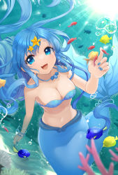 Rule 34 | 1girl, :d, air bubble, armlet, bare shoulders, blue eyes, blue hair, blue nails, bracelet, breasts, bubble, cleavage, collarbone, commentary request, dutch angle, earrings, fish, floating, groin, hair between eyes, hair ornament, hand up, highres, houshou hanon, jewelry, light rays, long hair, looking at viewer, medium breasts, mermaid, mermaid melody pichi pichi pitch, monster girl, nail polish, navel, necklace, open mouth, pearl bracelet, shell, shell bikini, shell necklace, sidelocks, smile, solo, split tail, star (symbol), star earrings, star hair ornament, stomach, suama (pixiv10592745), surgeonfish, tail, tail ornament, underwater