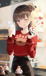 Rule 34 | 1girl, ;q, absurdres, black skirt, blunt bangs, blurry, blurry background, brown hair, cupcake, food, hair bun, highres, holding, holding food, long hair, long sleeves, looking at viewer, one eye closed, original, print sweater, purple eyes, red sweater, single hair bun, skirt, solo, standing, sweater, tongue, tongue out, yeolyeo