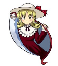 Rule 34 | 1girl, bad id, bad pixiv id, blonde hair, blush, dress, elly (touhou), hat, hat ornament, highres, long sleeves, looking at viewer, parted bangs, red dress, sasa kichi, scythe, short hair, smile, solo, touhou, touhou (pc-98), white hat