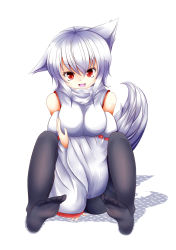 Rule 34 | 1girl, absurdres, animal ears, bare shoulders, black pantyhose, breast hold, breasts, detached sleeves, fang, feet, happy, highres, inubashiri momiji, large breasts, looking at viewer, oohirakeisuke, open mouth, pantyhose, pom pom (clothes), red eyes, short hair, silver hair, simple background, sitting, solo, tail, thighband pantyhose, touhou, wolf ears, wolf tail
