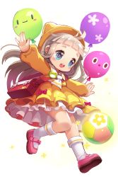 Rule 34 | 1girl, :d, ahoge, bag, ball, balloon, blue eyes, blunt bangs, child, dress, full body, handbag, hat, highres, irin (soccer spirits), light brown hair, mary janes, official art, open mouth, outstretched arms, pink footwear, running, shoes, smile, soccer ball, soccer spirits, socks, solo, standing, transparent background, white socks, windy4th, yellow dress, yellow hat