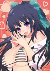Rule 34 | 1girl, bad id, bad pixiv id, bare shoulders, bikini, black hair, bow, breasts, cleavage, covered erect nipples, fang, female focus, hair bow, itou life, large breasts, long hair, looking at viewer, off shoulder, open clothes, open mouth, open shirt, purple eyes, reiuji utsuho, shirt, sleeves pushed up, smile, solo, steepled fingers, striped bikini, striped clothes, swimsuit, touhou, upper body