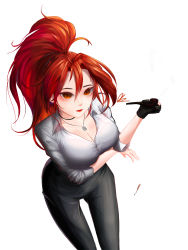 Rule 34 | 1girl, absurdres, adriana rivera, black pants, black survival, blouse, breasts, brown eyes, cleavage, collarbone, highres, holding, holding smoking pipe, jewelry, large breasts, long hair, pants, pendant, phoenix97, ponytail, red hair, shirt, simple background, smoking pipe, solo, taut clothes, taut shirt, white background, white shirt