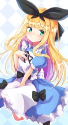 Rule 34 | 1girl, apron, argyle, argyle background, argyle clothes, baram, black bow, black ribbon, blonde hair, blue dress, blush, bow, closed mouth, commentary request, dress, frilled apron, frilled dress, frills, full body, green eyes, hair ribbon, hand up, highres, long hair, looking at viewer, mononobe alice, mononobe alice (1st costume), multicolored hair, nijisanji, puffy short sleeves, puffy sleeves, purple hair, ribbon, short sleeves, smile, solo, two-tone hair, very long hair, virtual youtuber, white apron