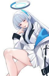 Rule 34 | 1girl, absurdres, blue archive, blunt bangs, breasts, feet out of frame, grey hair, halo, hand up, highres, jacket, large breasts, long hair, long sleeves, looking at viewer, mechanical halo, miuna (498475051), noa (blue archive), off shoulder, open clothes, open jacket, pleated skirt, purple eyes, simple background, skirt, solo, tongue, tongue out, vest, white background, white jacket, white skirt, white vest